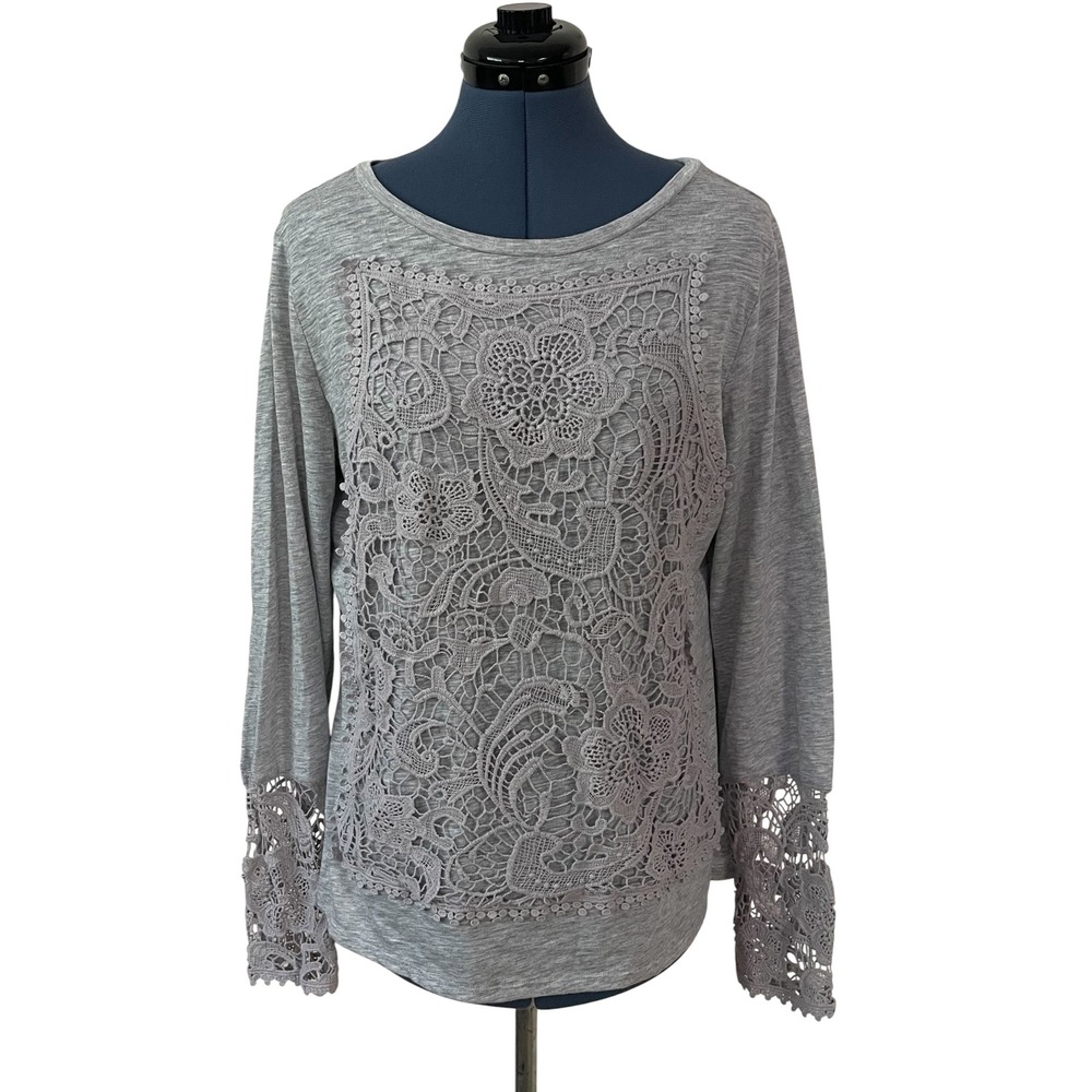 Sundance Womens Gray Lace Crochet Front Cuffs Long Sleeve Top Coquette Boho L